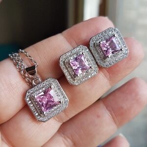Swarovski Elements 925 Sterling Silver Pink Square Necklace & Earrings SET NEW